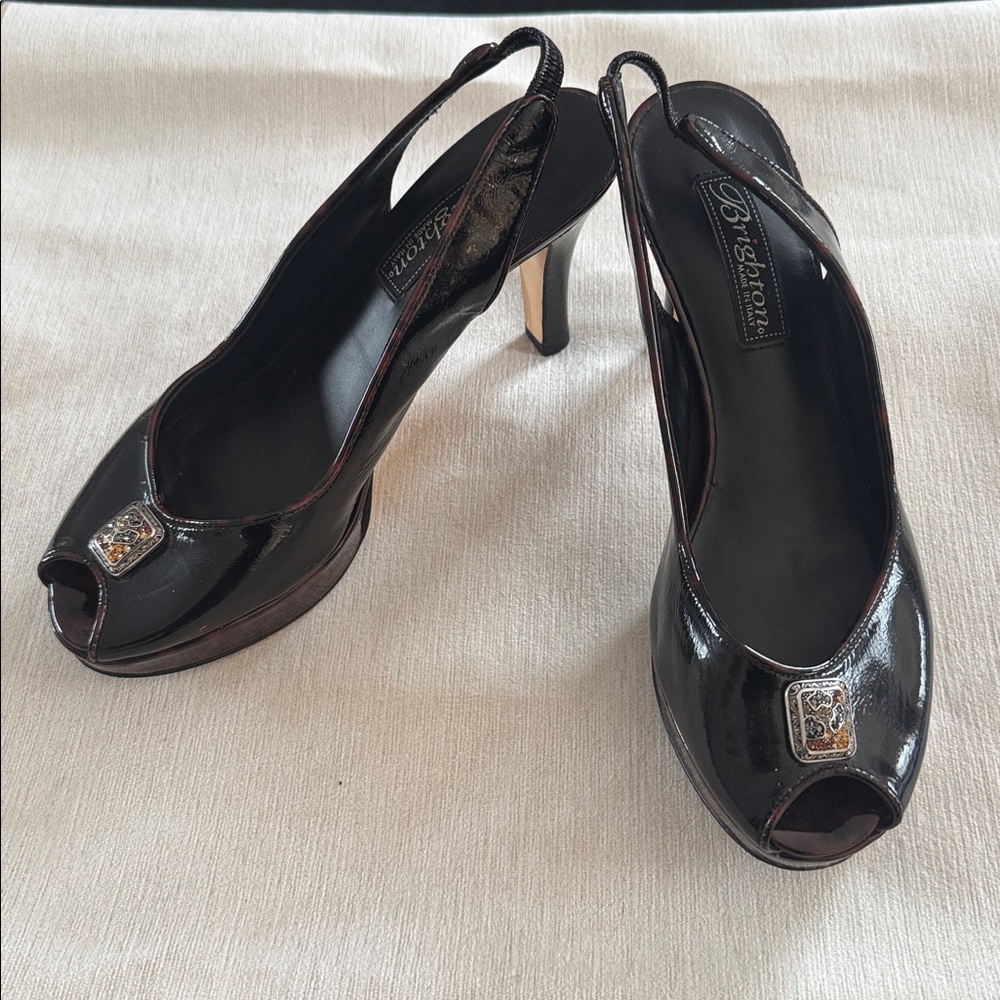 Brighton Welch Peep-Toe Slingback Heels Patent Leather Swarovski Crystal 7N